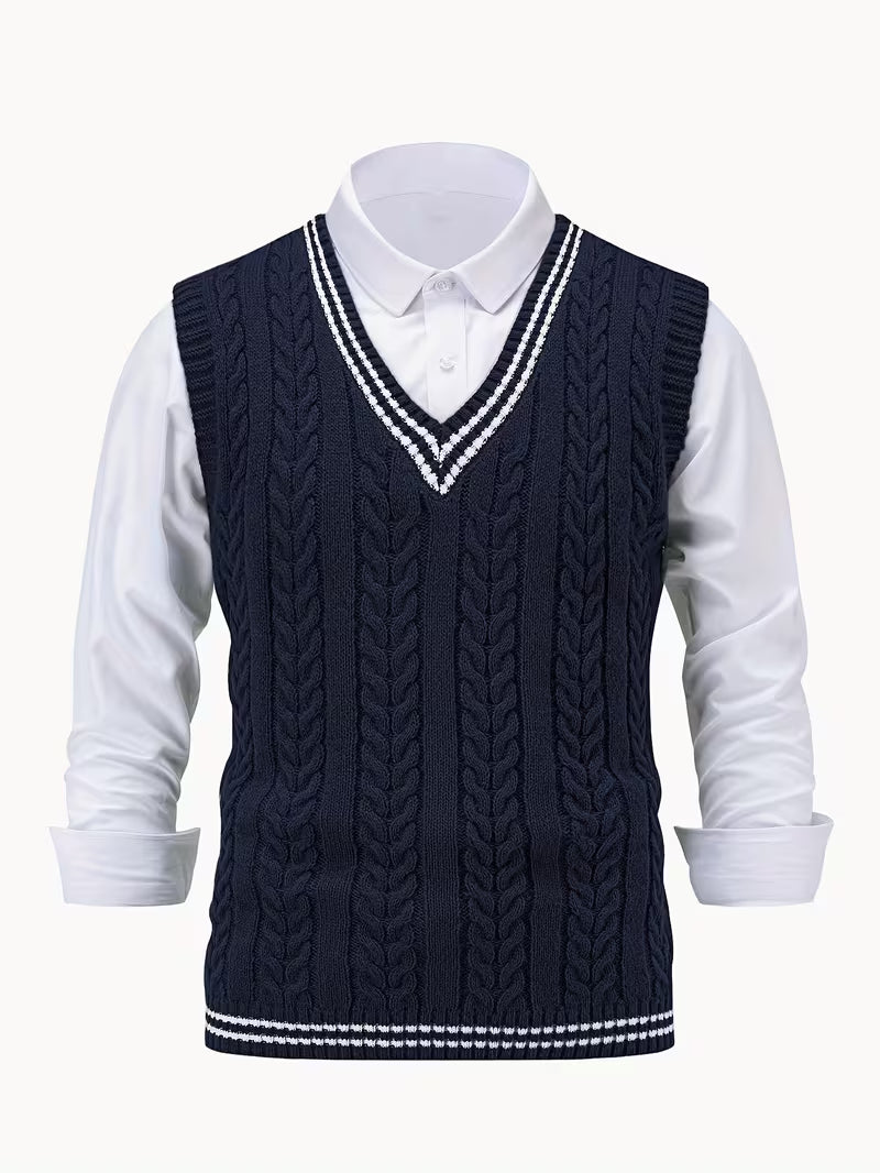 Men's Striped Cable Knit V-Neck Sweater Vest