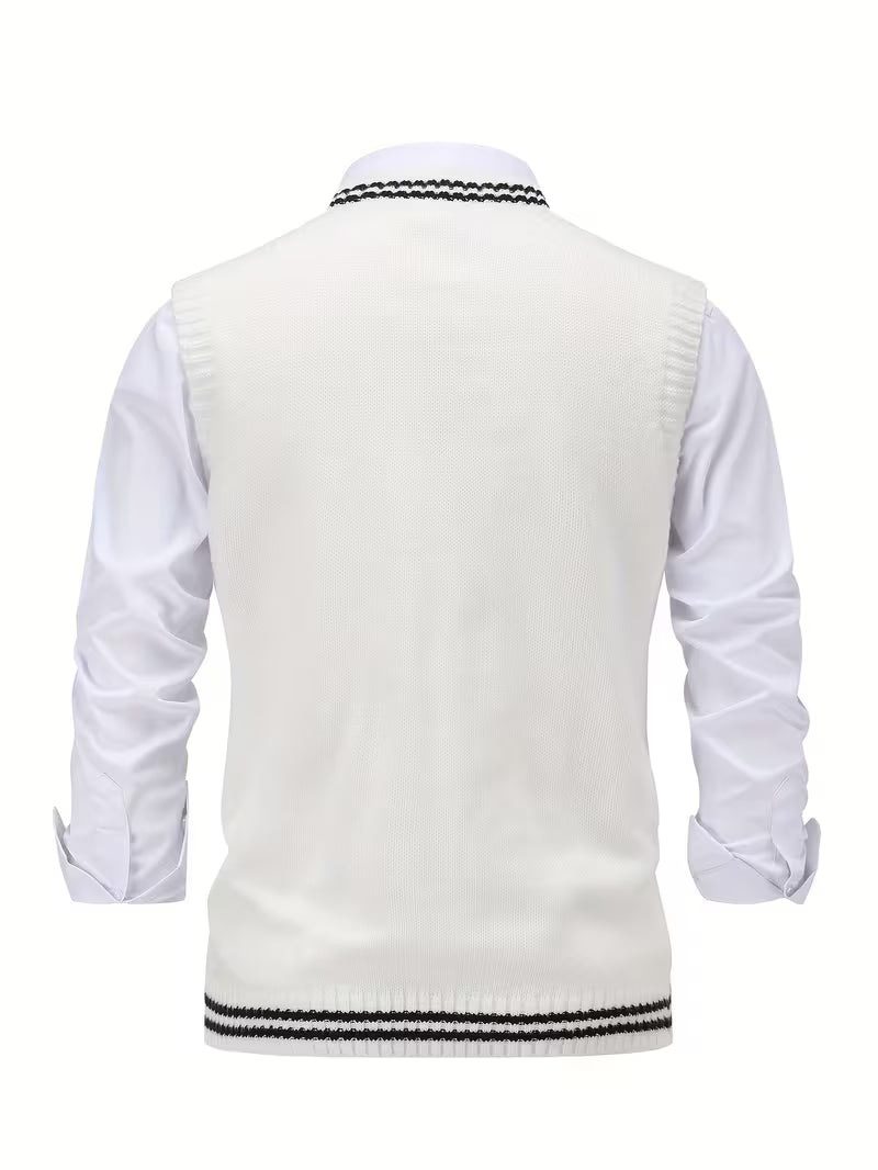 Men's Striped Cable Knit V-Neck Sweater Vest