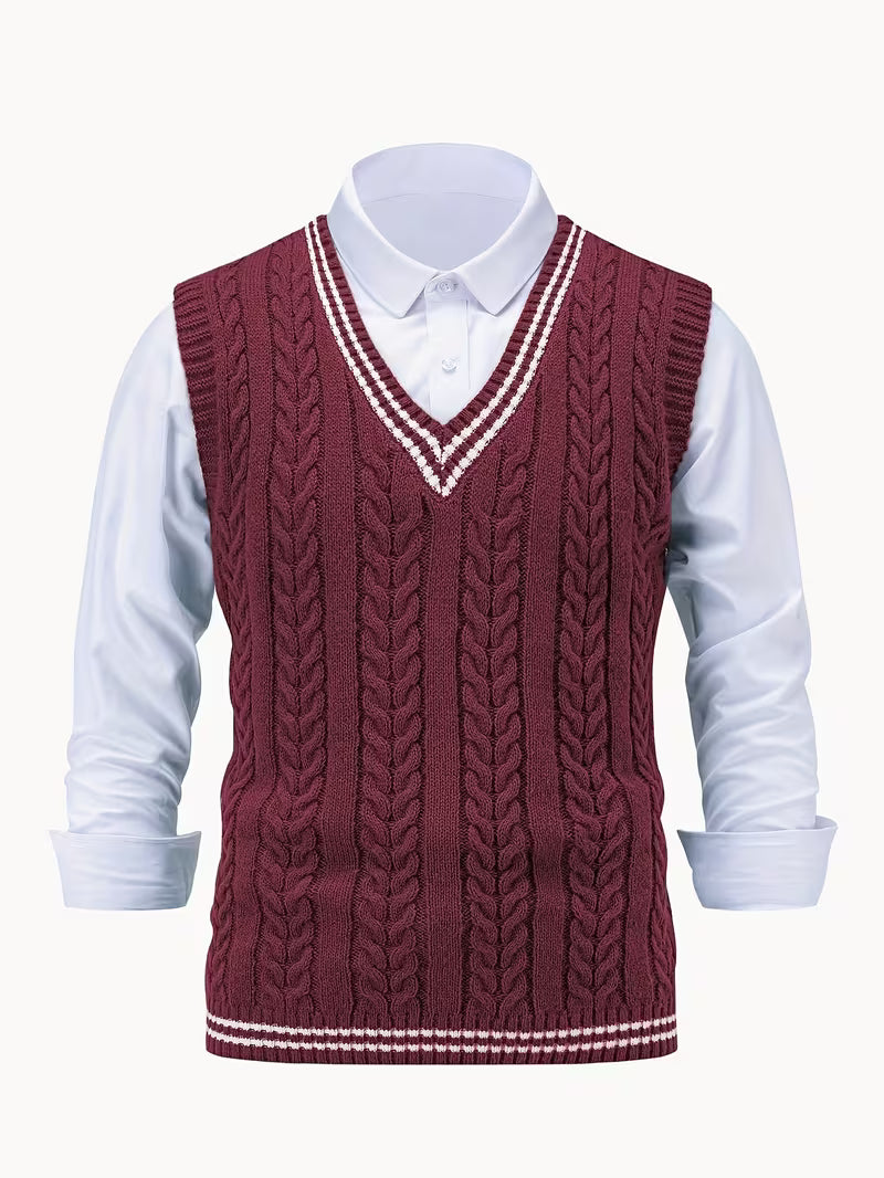 Men's Striped Cable Knit V-Neck Sweater Vest