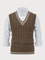 Men's Striped Cable Knit V-Neck Sweater Vest