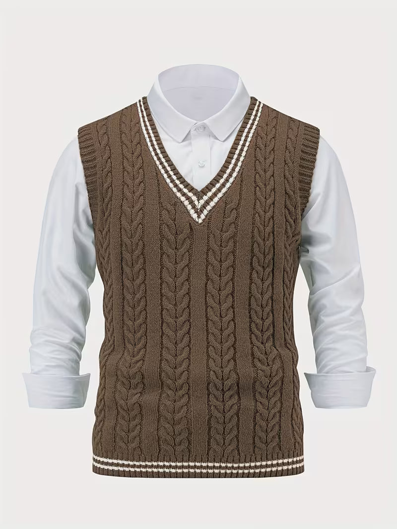 Men's Striped Cable Knit V-Neck Sweater Vest