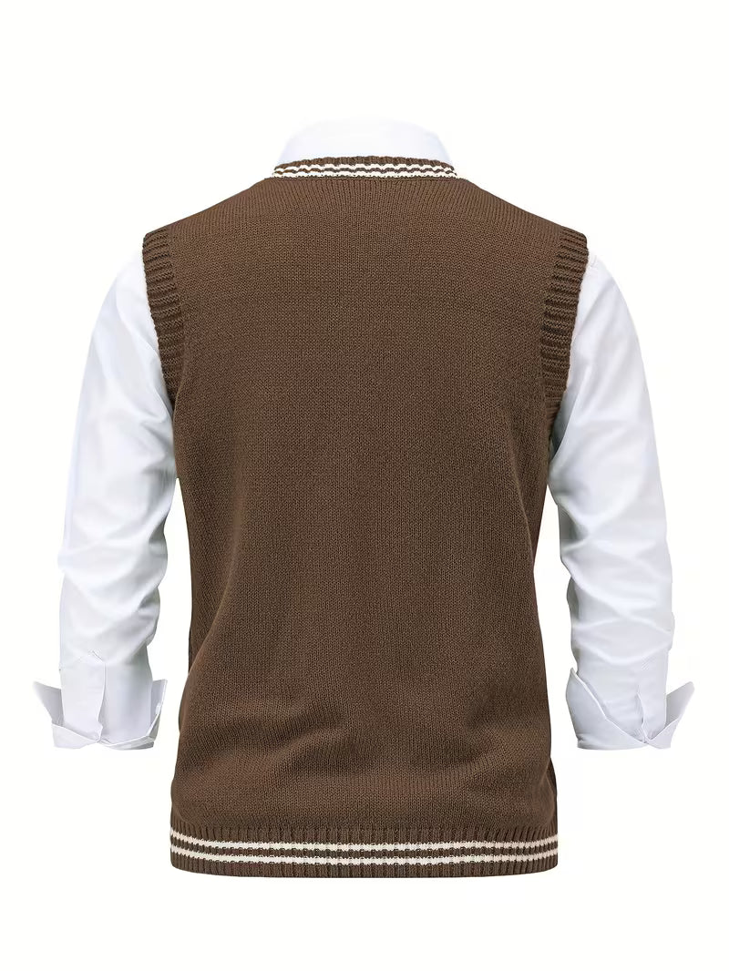 Men's Striped Cable Knit V-Neck Sweater Vest