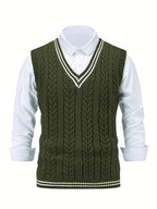 Men's Striped Cable Knit V-Neck Sweater Vest