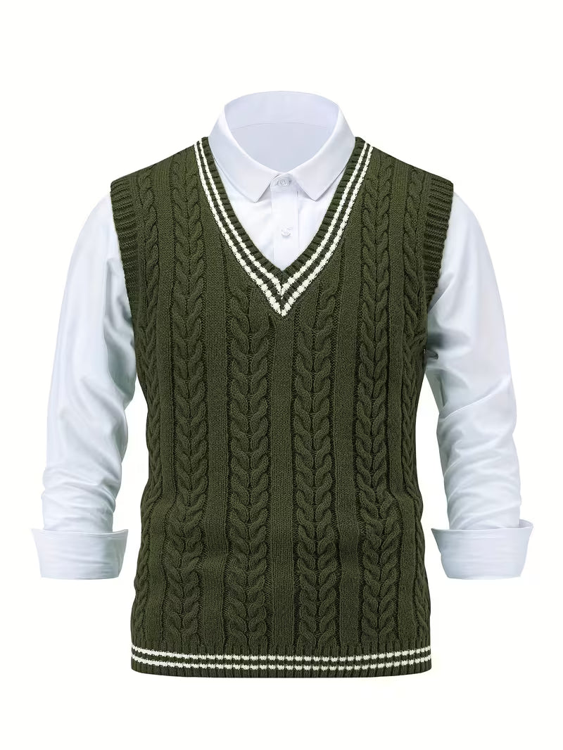 Men's Striped Cable Knit V-Neck Sweater Vest