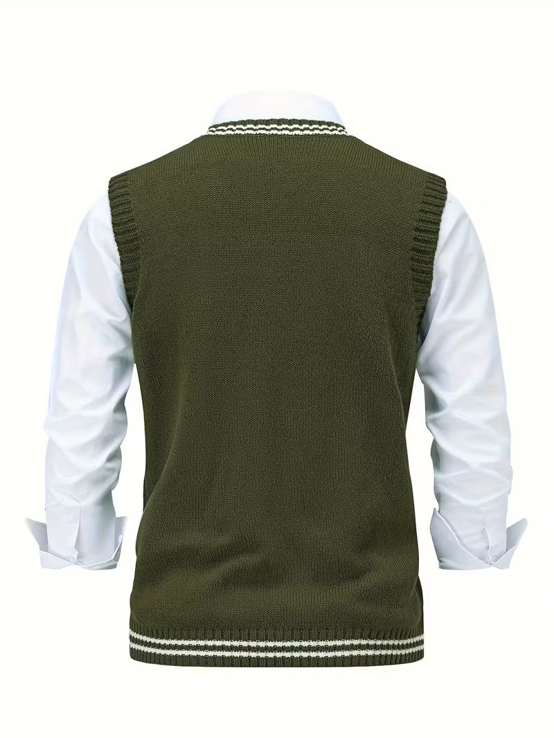 Men's Striped Cable Knit V-Neck Sweater Vest