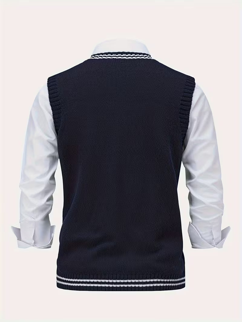 Men's Striped Cable Knit V-Neck Sweater Vest