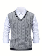 Men's Striped Cable Knit V-Neck Sweater Vest