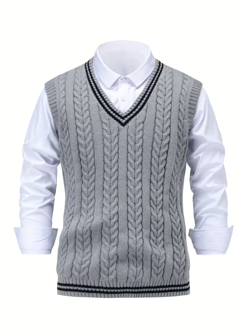 Men's Striped Cable Knit V-Neck Sweater Vest