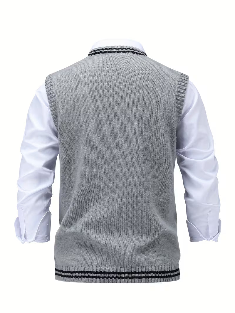 Men's Striped Cable Knit V-Neck Sweater Vest
