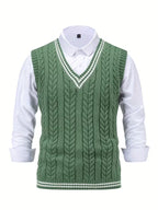 Men's Striped Cable Knit V-Neck Sweater Vest