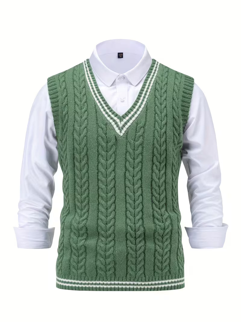 Men's Striped Cable Knit V-Neck Sweater Vest