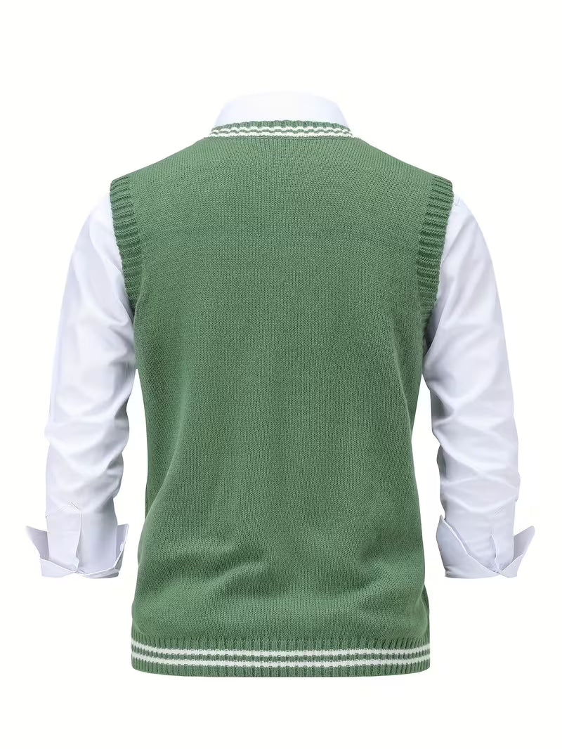 Men's Striped Cable Knit V-Neck Sweater Vest