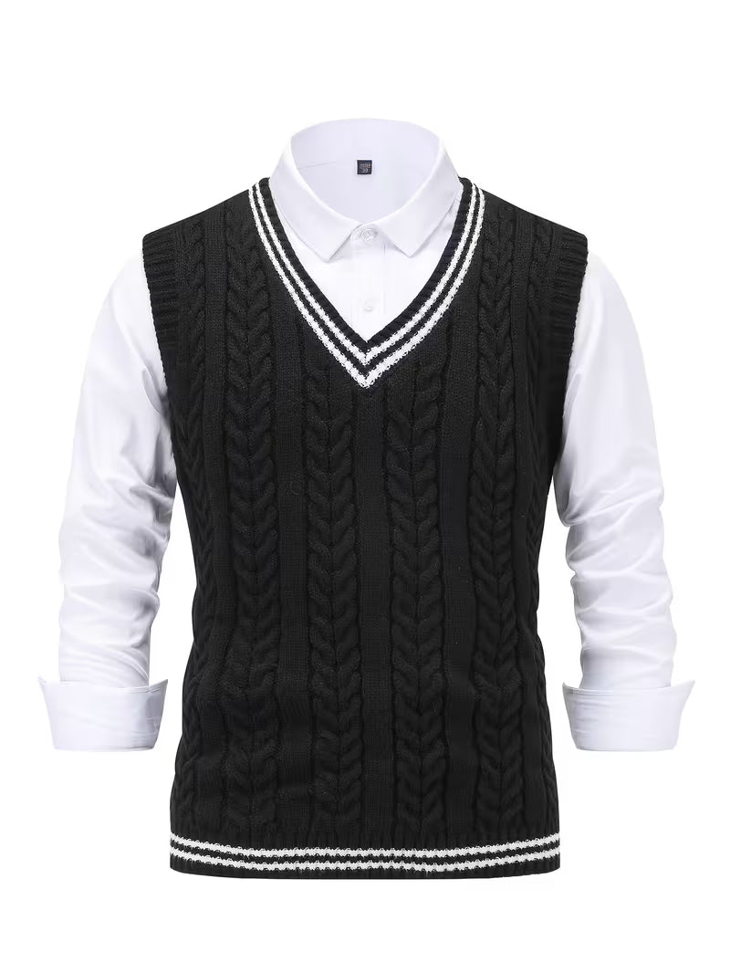 Men's Striped Cable Knit V-Neck Sweater Vest