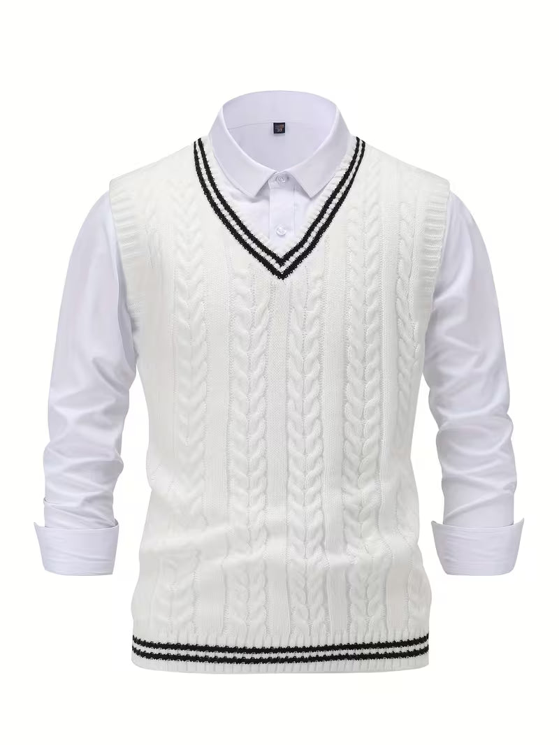 Men's Striped Cable Knit V-Neck Sweater Vest
