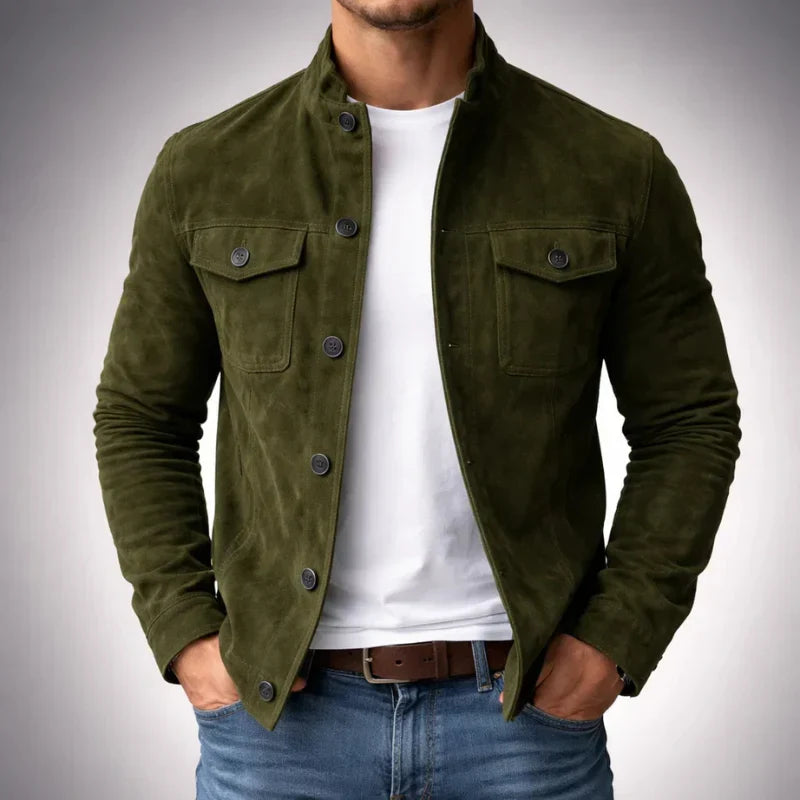 Men's Suede-Look Button-Up Mandarin Collar Jacket