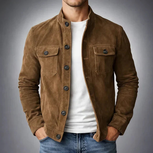 Men's Suede-Look Button-Up Mandarin Collar Jacket