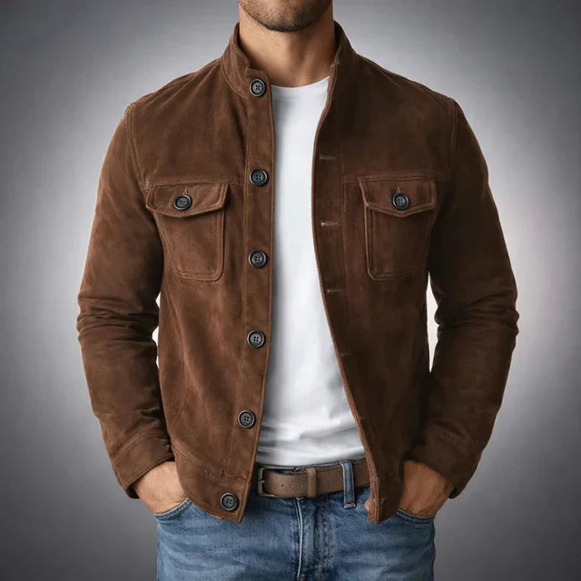 Men's Suede-Look Button-Up Mandarin Collar Jacket