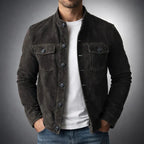 Men's Suede-Look Button-Up Mandarin Collar Jacket
