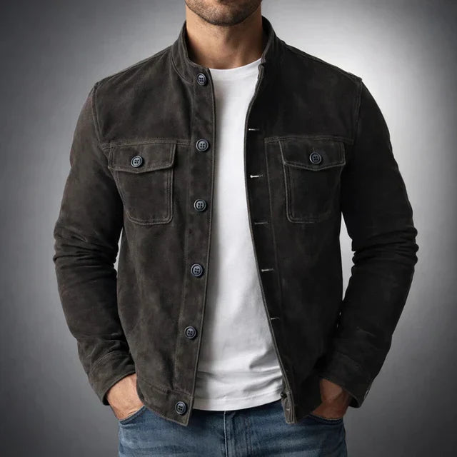 Men's Suede-Look Button-Up Mandarin Collar Jacket