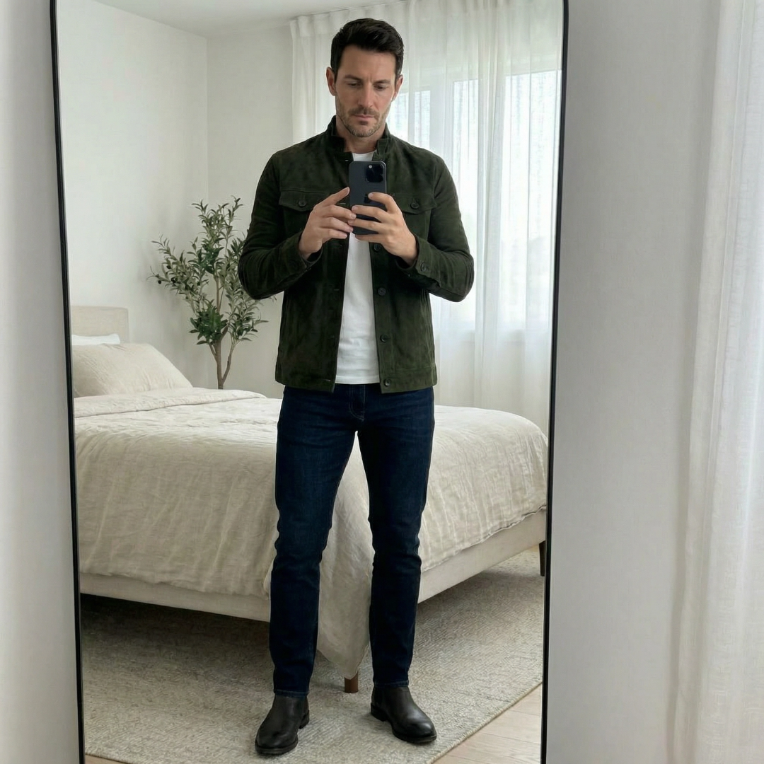 Men's Suede-Look Button-Up Mandarin Collar Jacket