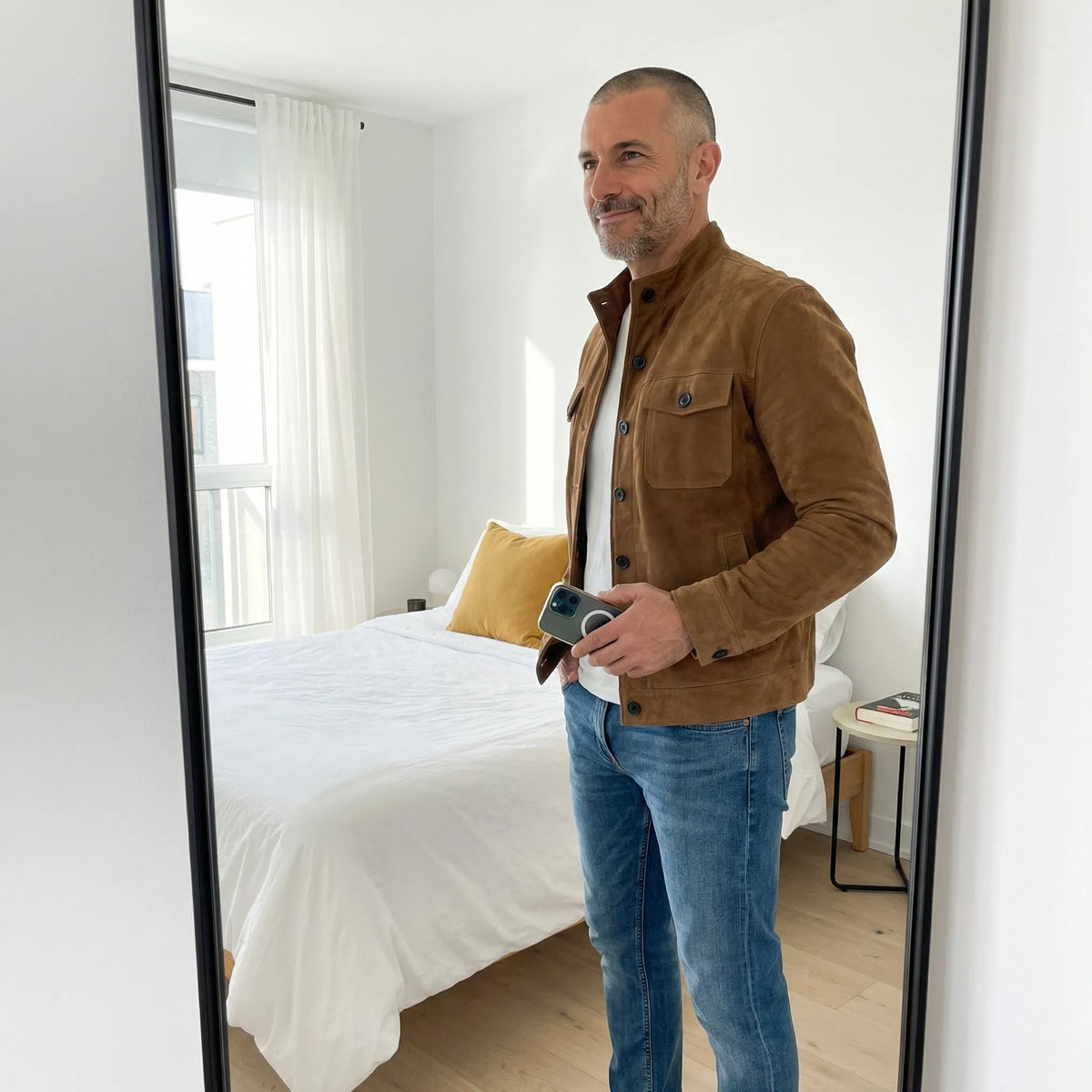 Men's Suede-Look Button-Up Mandarin Collar Jacket