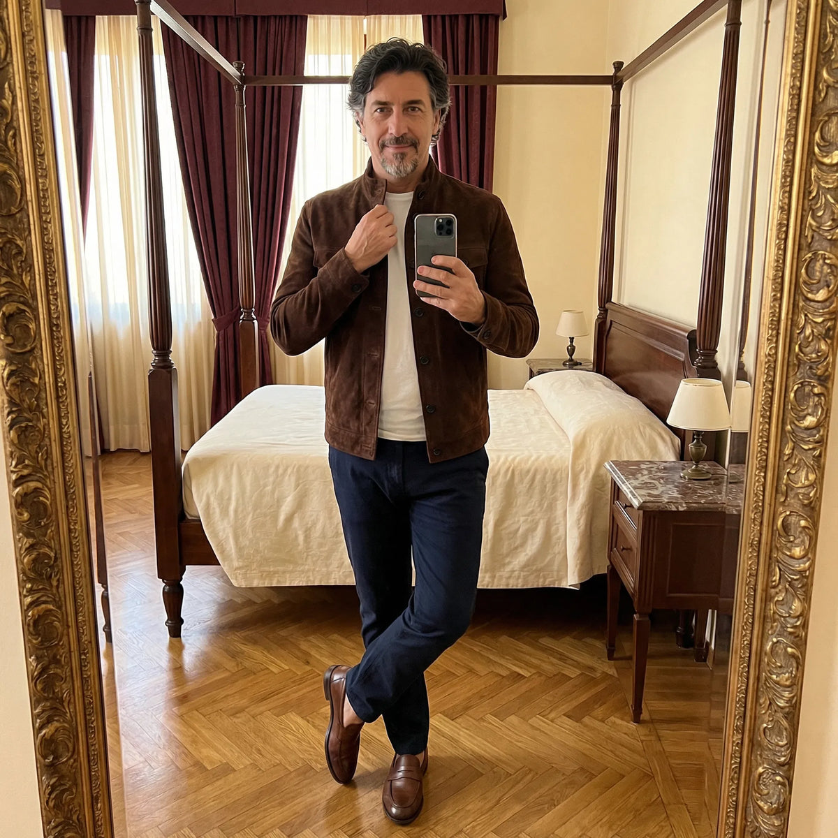 Men's Suede-Look Button-Up Mandarin Collar Jacket