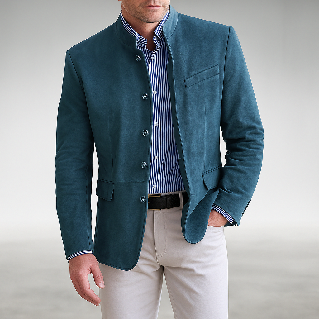 Men's Suede-Look Mandarin Collar Blazer