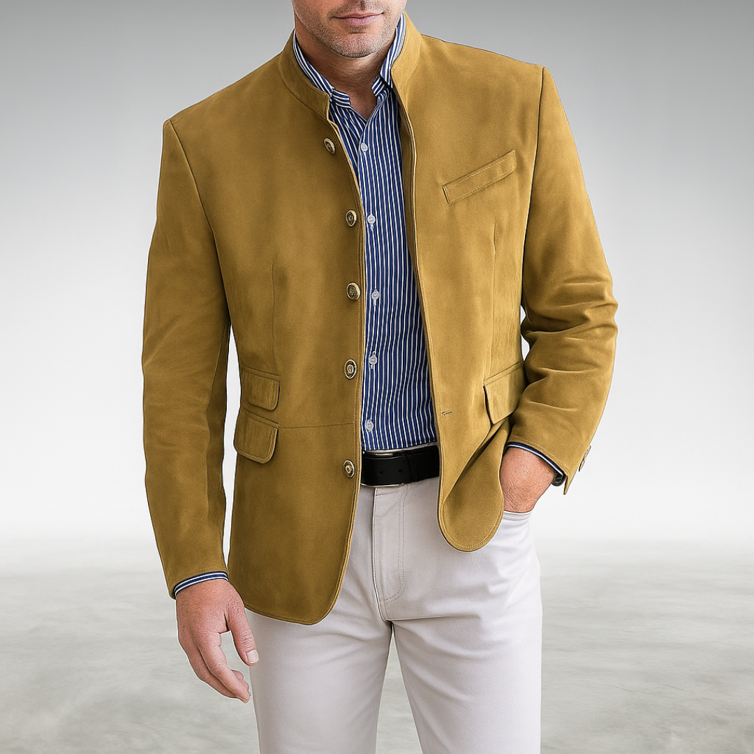 Men's Suede-Look Mandarin Collar Blazer