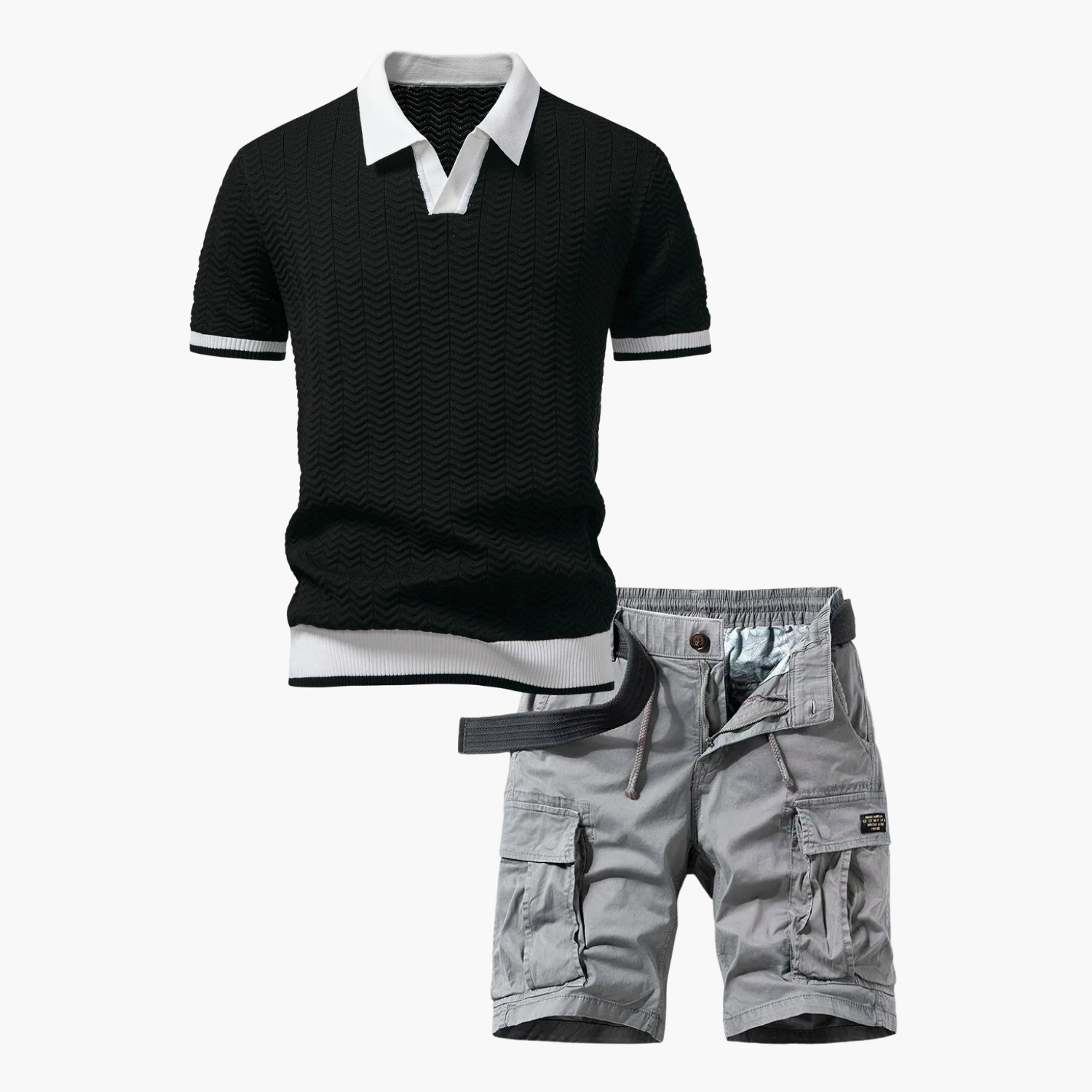 Men's Textured Polo and Cargo Shorts Set