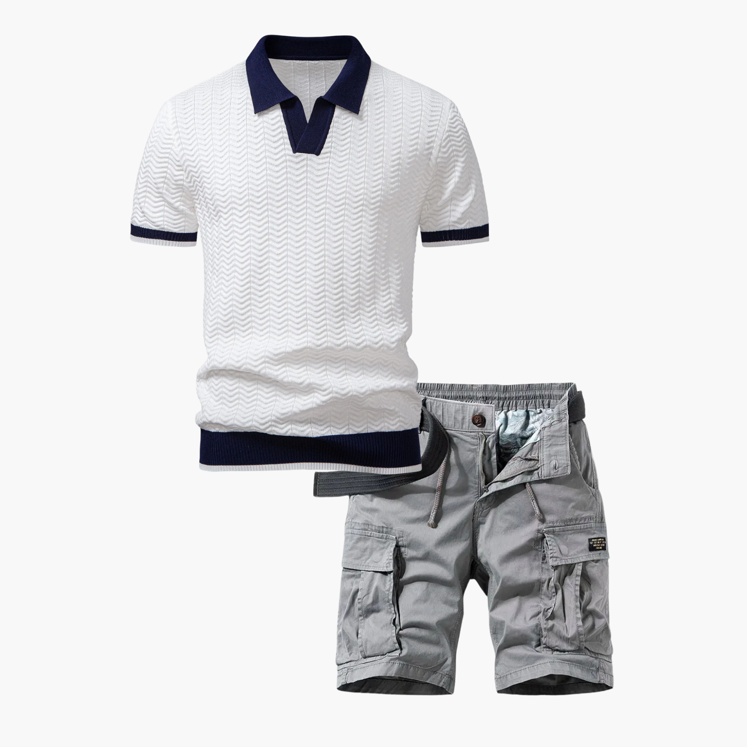 Men's Textured Polo and Cargo Shorts Set