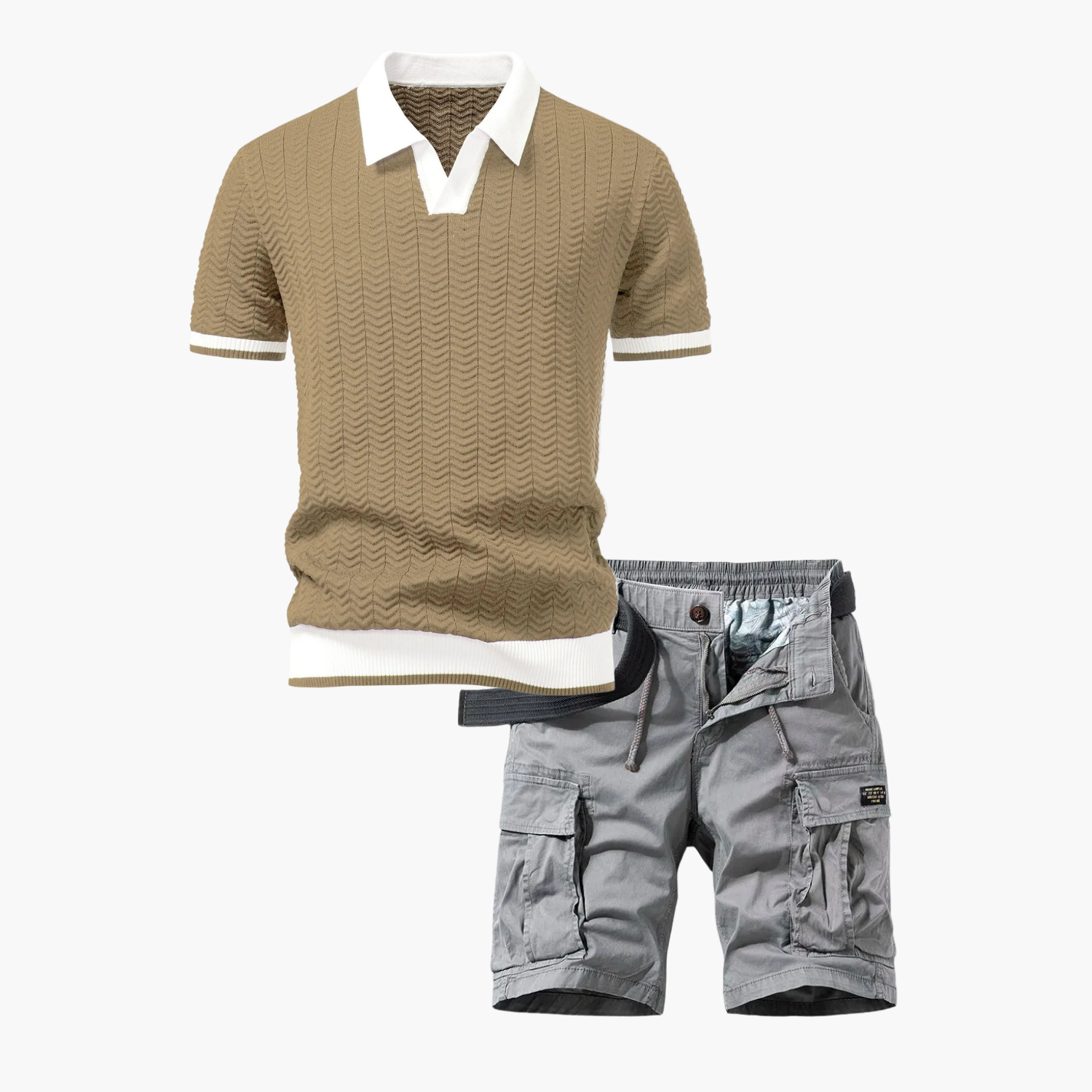 Men's Textured Polo and Cargo Shorts Set