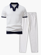 Men's Textured Polo and Drawstring Pants Set