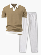 Men's Textured Polo and Drawstring Pants Set