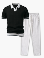 Men's Textured Polo and Drawstring Pants Set