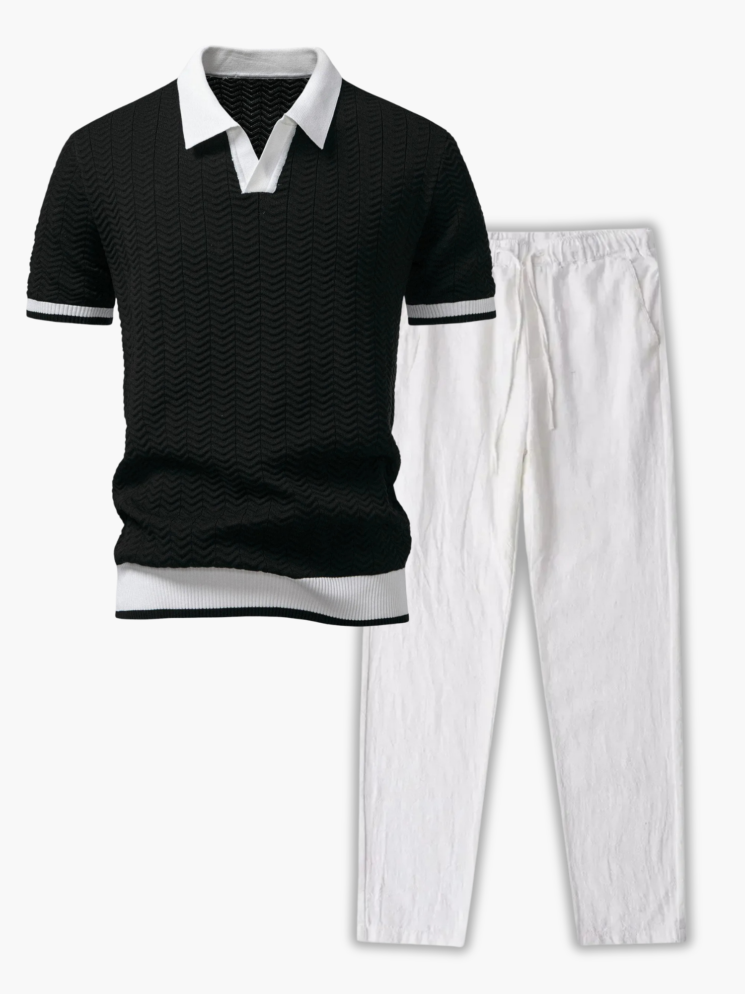 Men's Textured Polo and Drawstring Pants Set