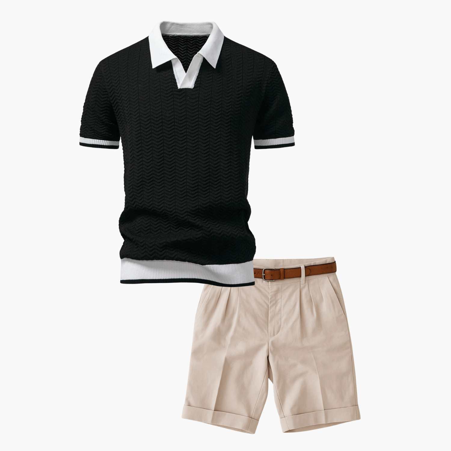 Men's Textured Polo and Pleated Shorts Set