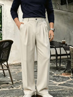 Men's Twill Pleated Wide Leg Pants