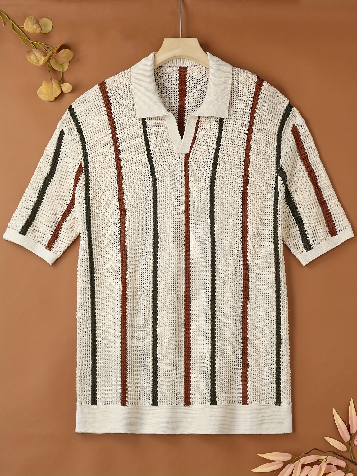 Men's Vertical Stripe Open Collar Polo Shirt