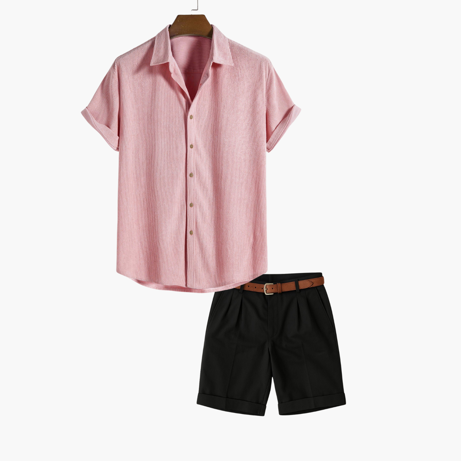 Men's Vertical Texture Shirt and Pleated Shorts Set
