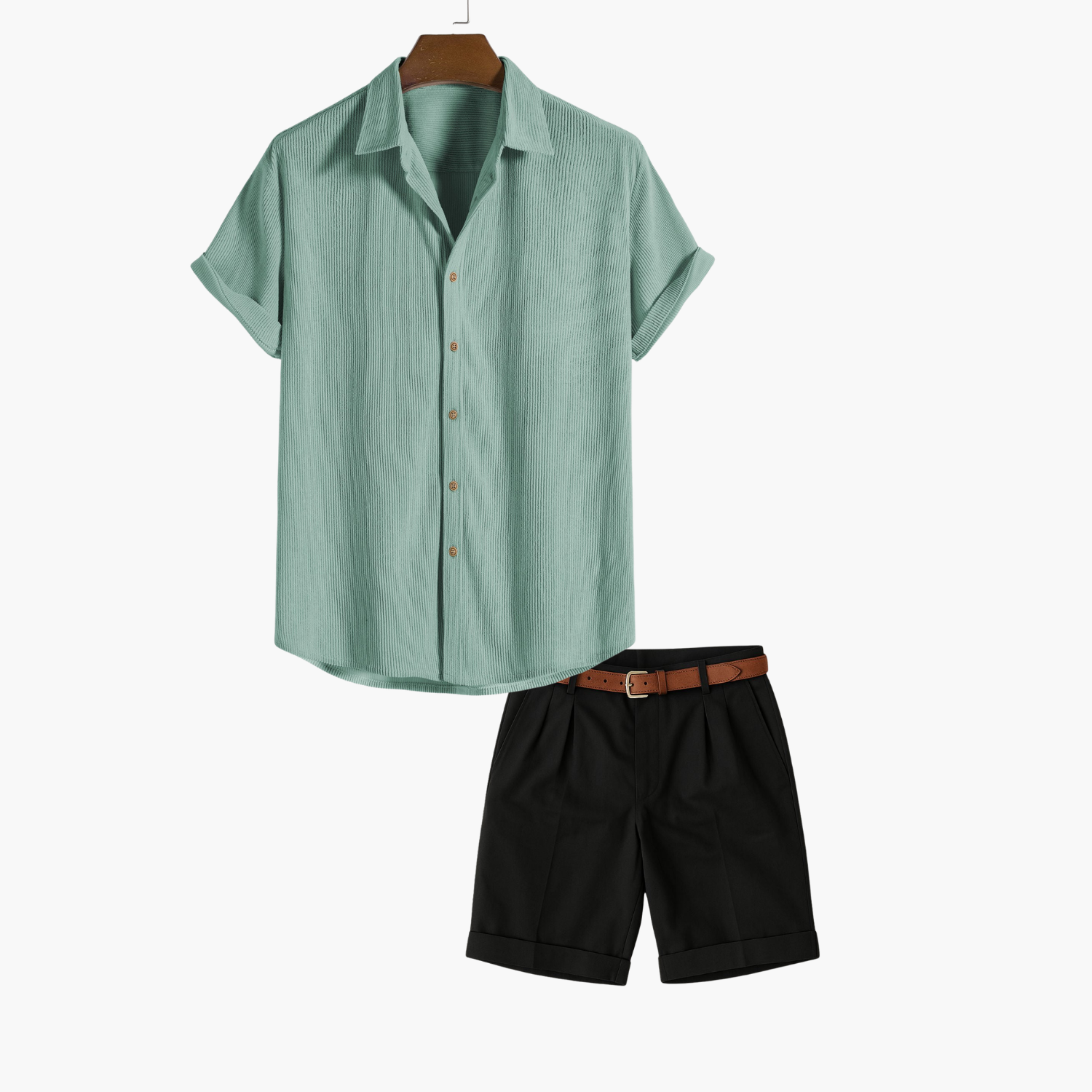 Men's Vertical Texture Shirt and Pleated Shorts Set