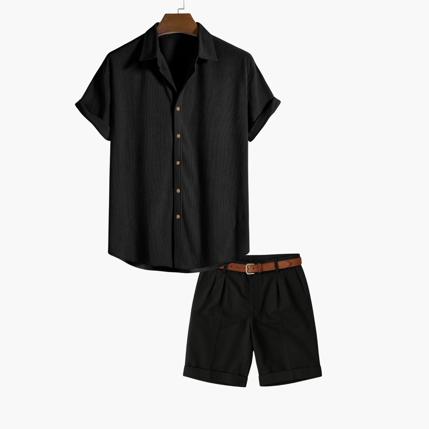 Men's Vertical Texture Shirt and Pleated Shorts Set