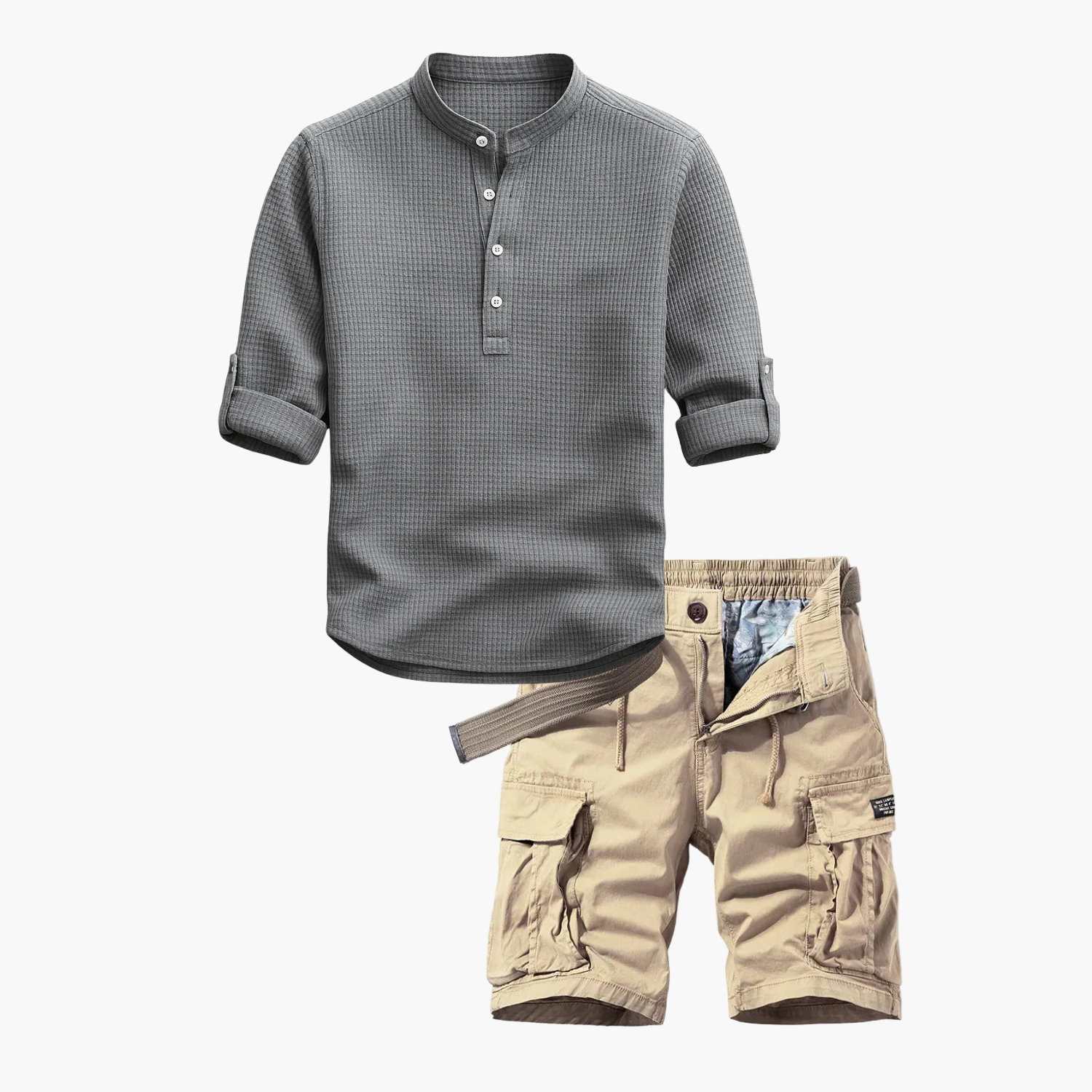 Men's Waffle Henley Shirt and Cargo Shorts Set