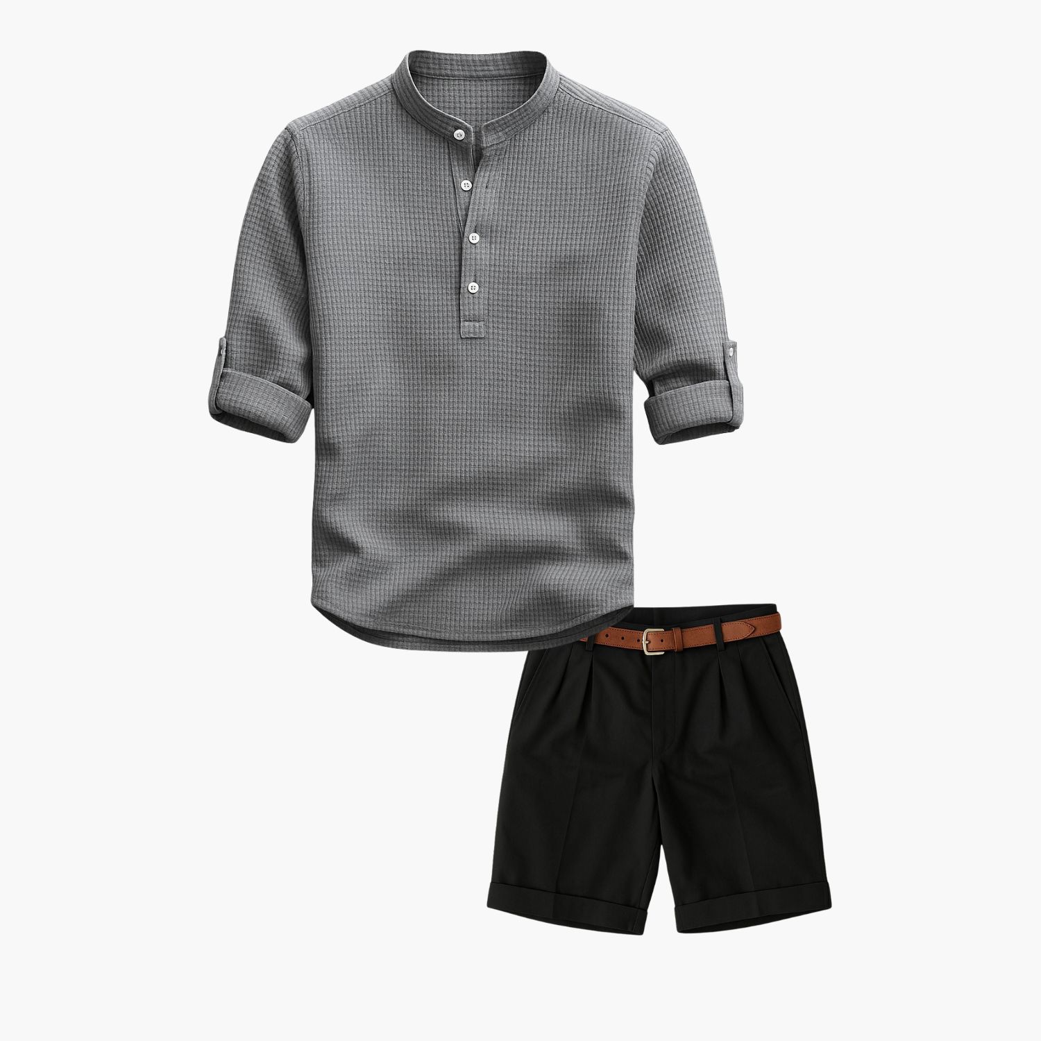 Men's Waffle Henley Shirt and Pleated Shorts Set