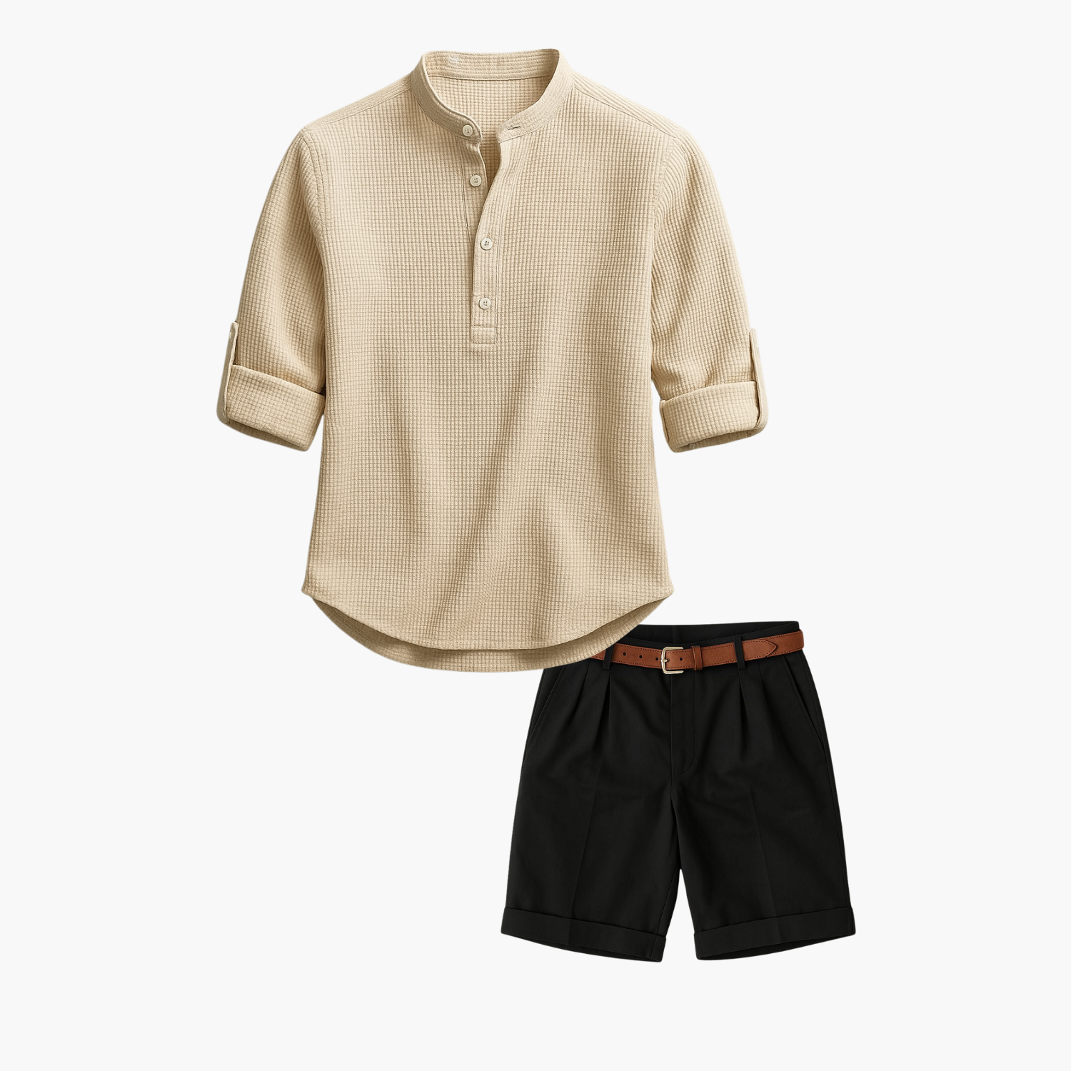 Men's Waffle Henley Shirt and Pleated Shorts Set