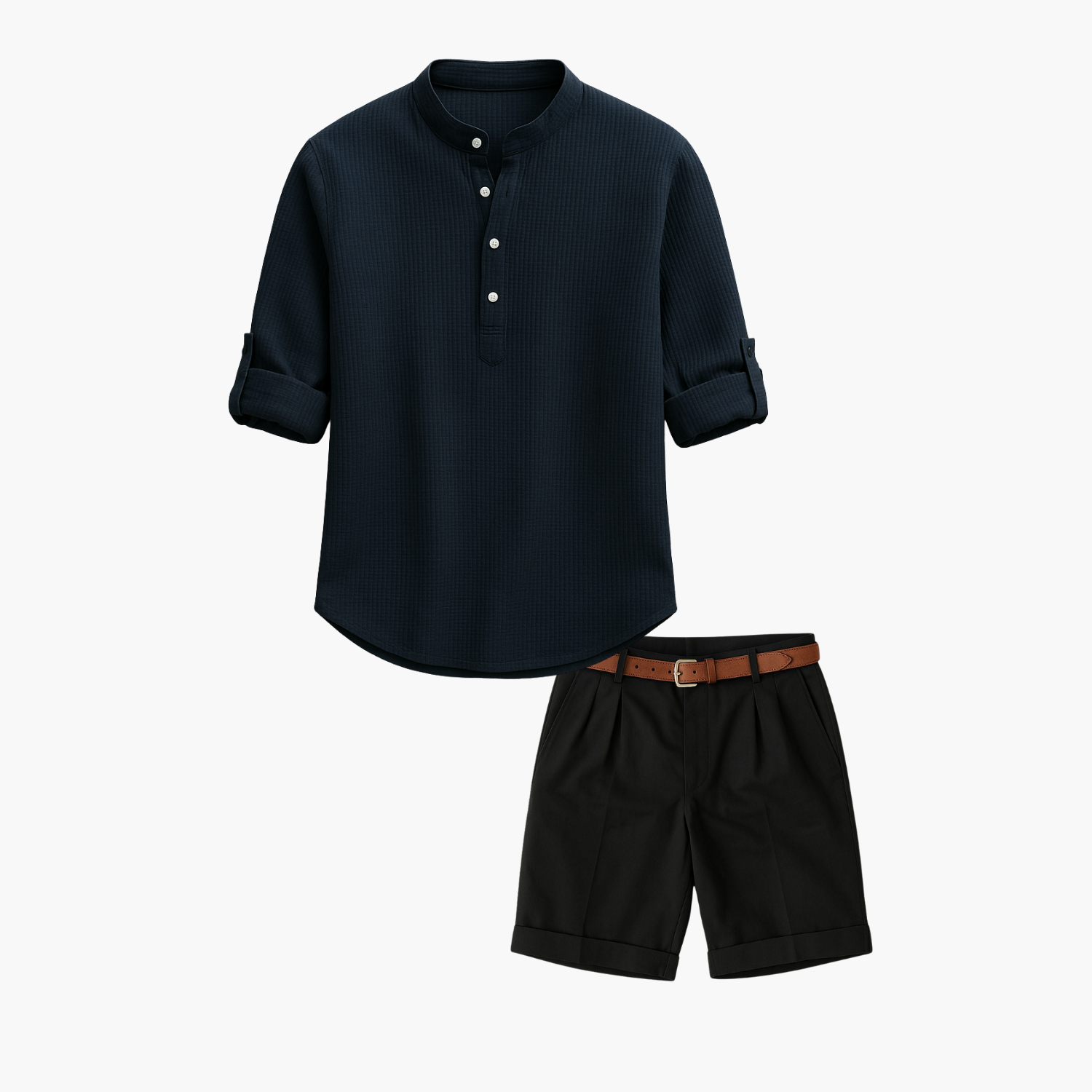 Men's Waffle Henley Shirt and Pleated Shorts Set