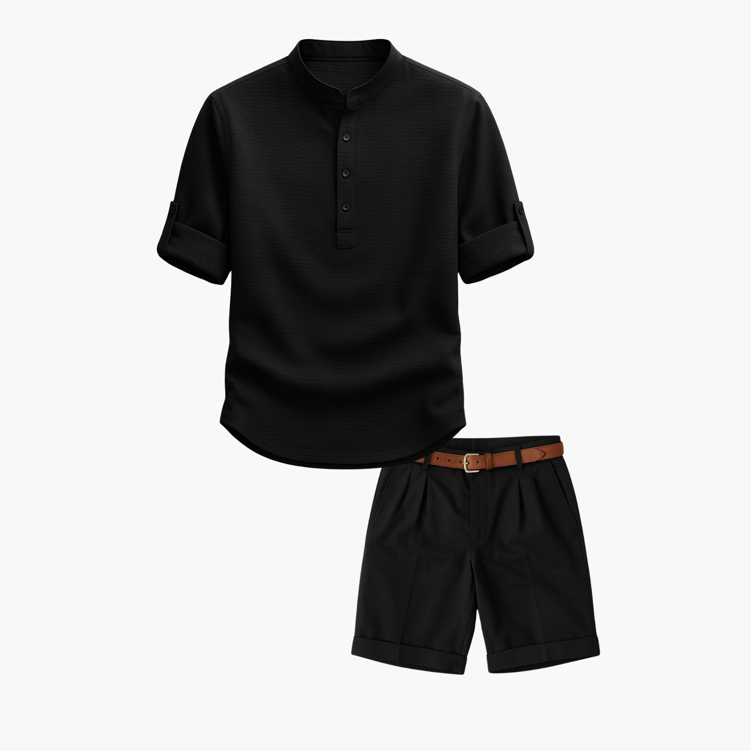 Men's Waffle Henley Shirt and Pleated Shorts Set