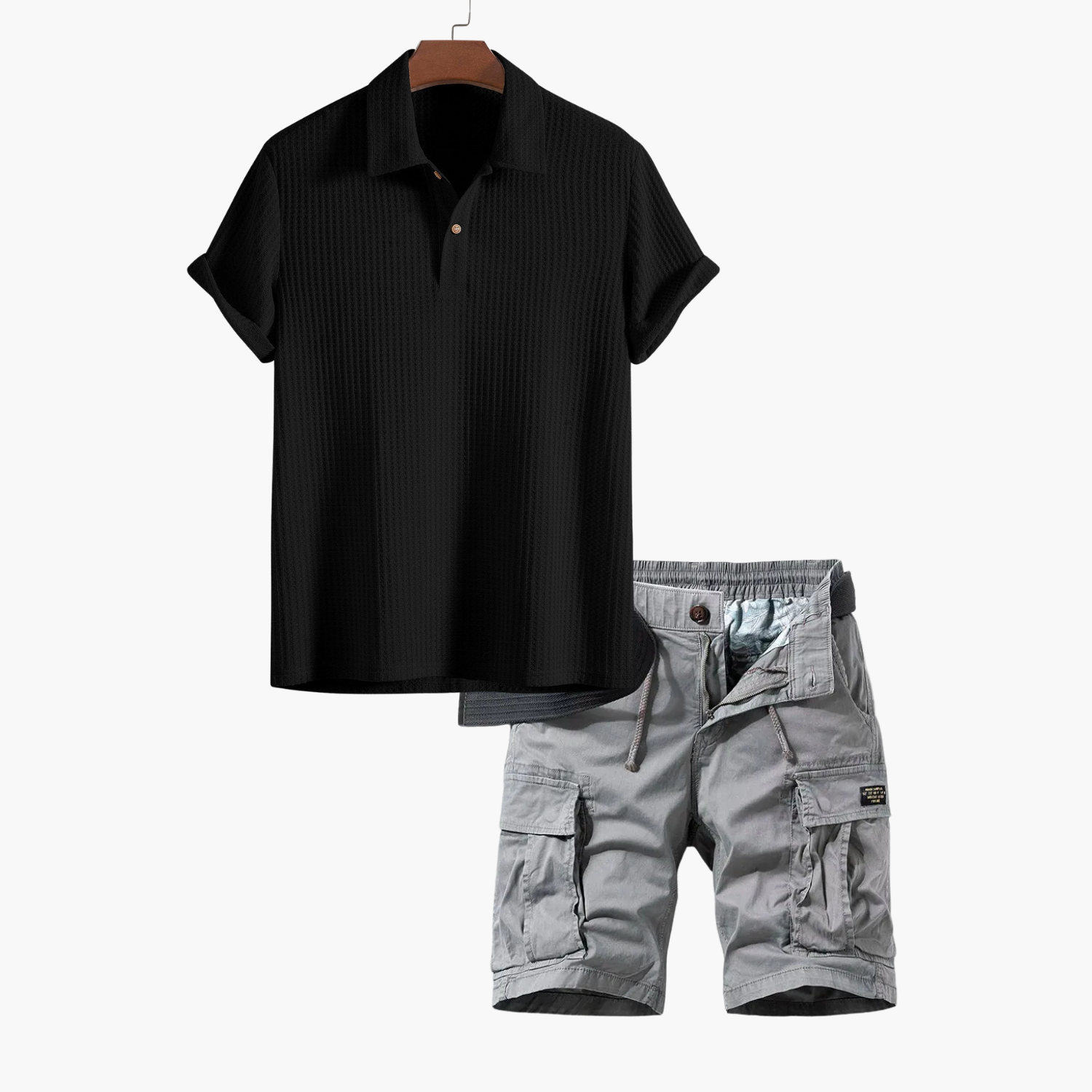 Men's Waffle Polo and Cargo Shorts Set