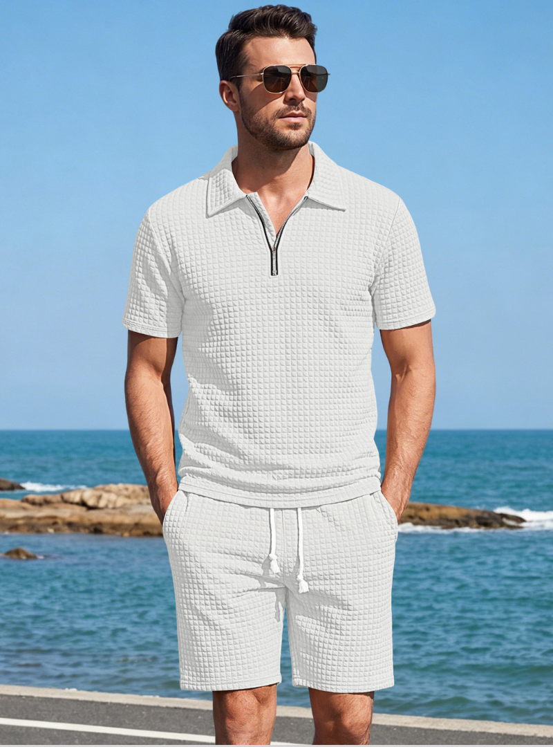 Men's Zip Textured Polo Shirt and Shorts Set