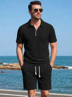 Men's Zip Textured Polo Shirt and Shorts Set