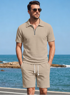 Men's Zip Textured Polo Shirt and Shorts Set